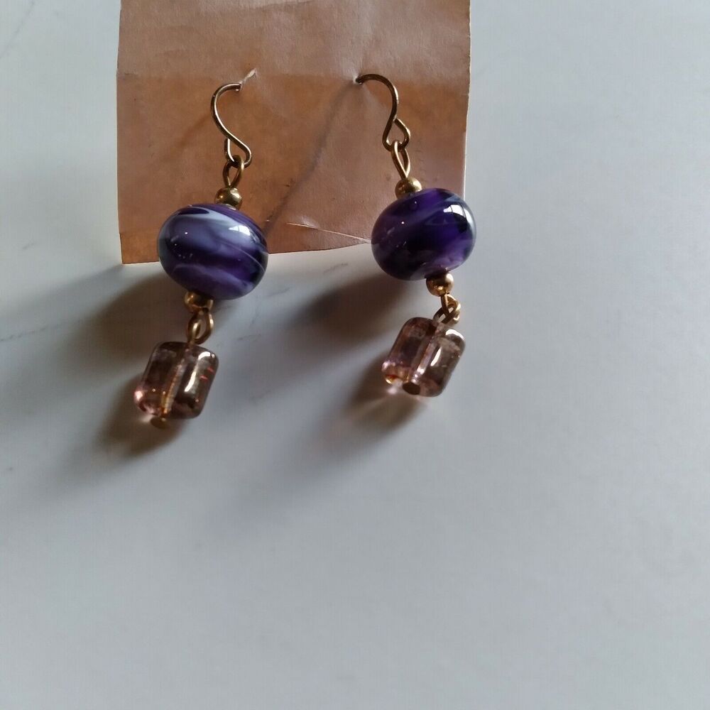 Purple Glass Lamp Work Earrings fish hook 1.5 inches earrings.